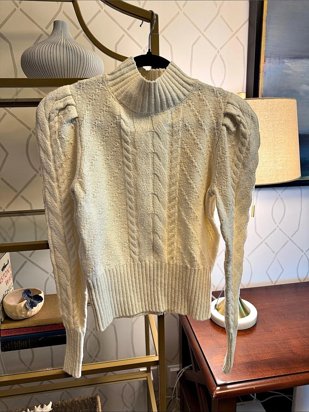 English Factory Puff Sleeve Cable Sweater Top, Cream